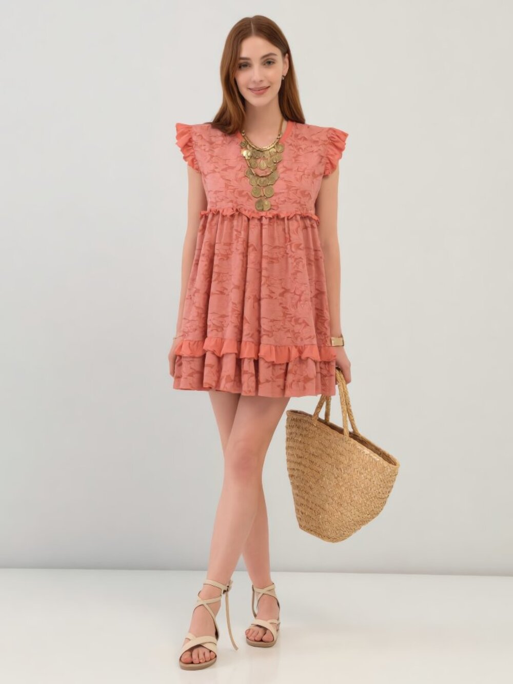 Anthropologie Terracotta Floral Jacquard Babydoll Mini Dress Flutter Tie Back M